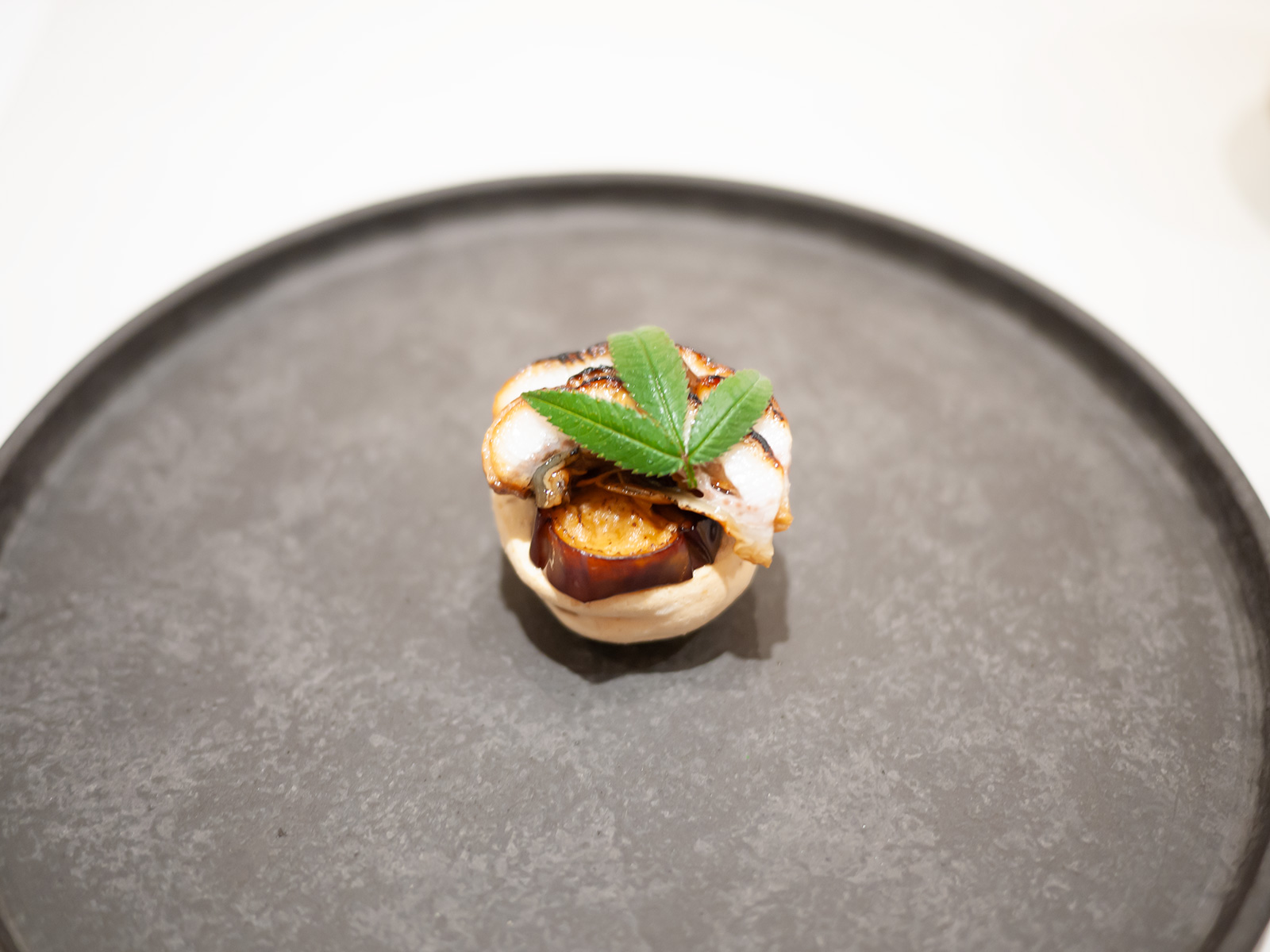 Eel/Egg Plant/Hazelnut Meringue/Magao Caramel